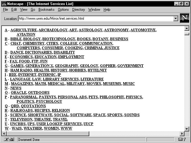 A screenshot of a text-only page in Netscape browser, with an alphabetical list of subjects each containing a hyperlink