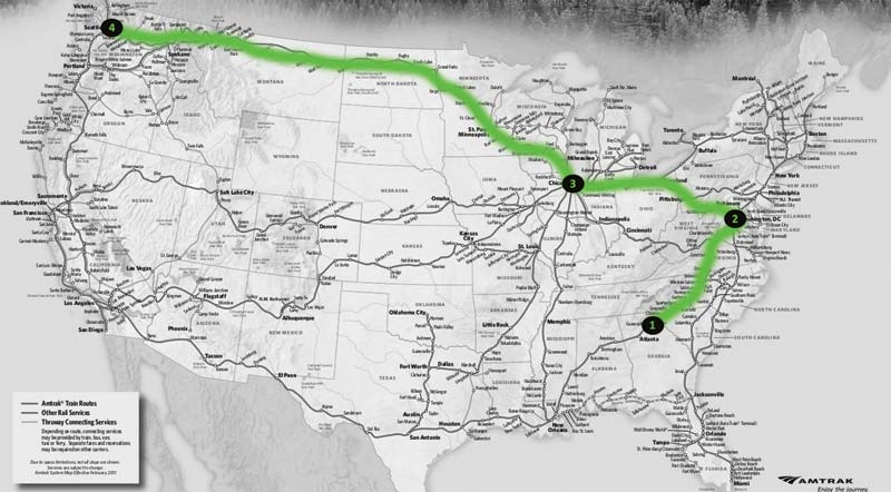Map of train trip from Atlanta to Seattle